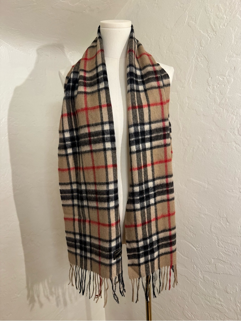 Vintage James Pringle Weavers 100% Wool Plaid Scarf Beige Black Red Fringe